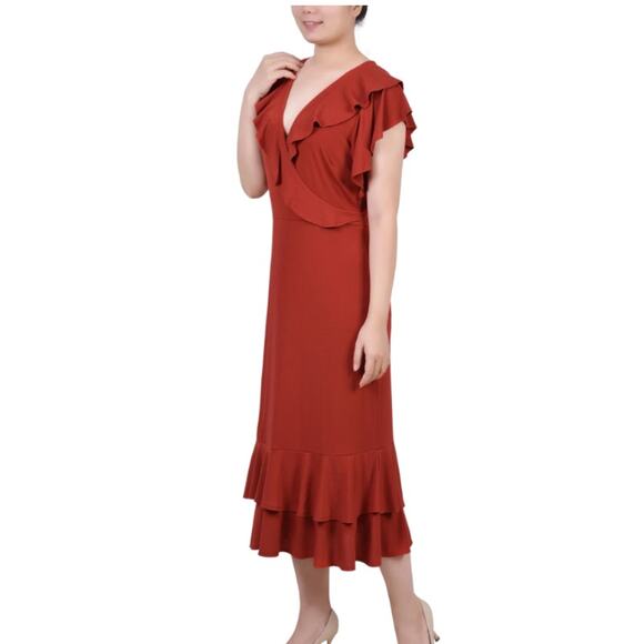 Ny Collection Women's Petite Flutter Sleeve Ruffle MIDI Dress Large Navy NWT - Picture 5 of 6